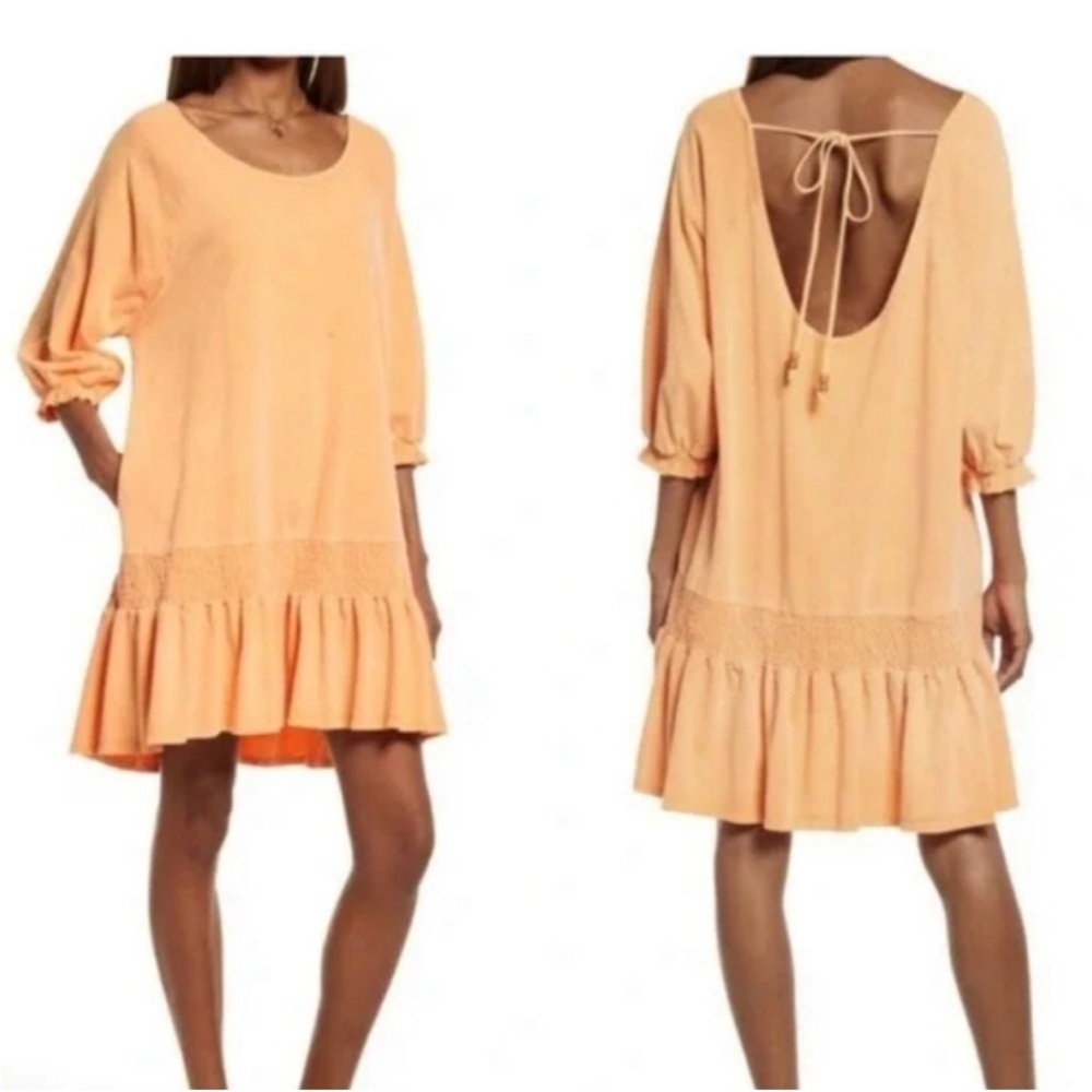FP Beach Orange Jenny Oversized Smocked Tie Deep Scoop Back Dress Size Large